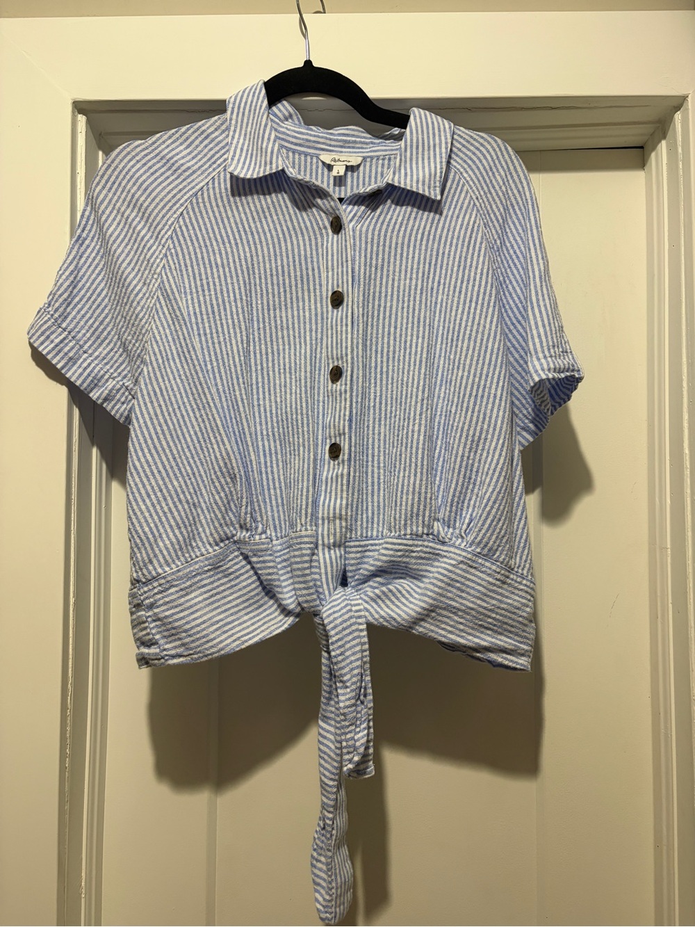 Reitmans Blue and White Striped Tie-Front Button Shirt